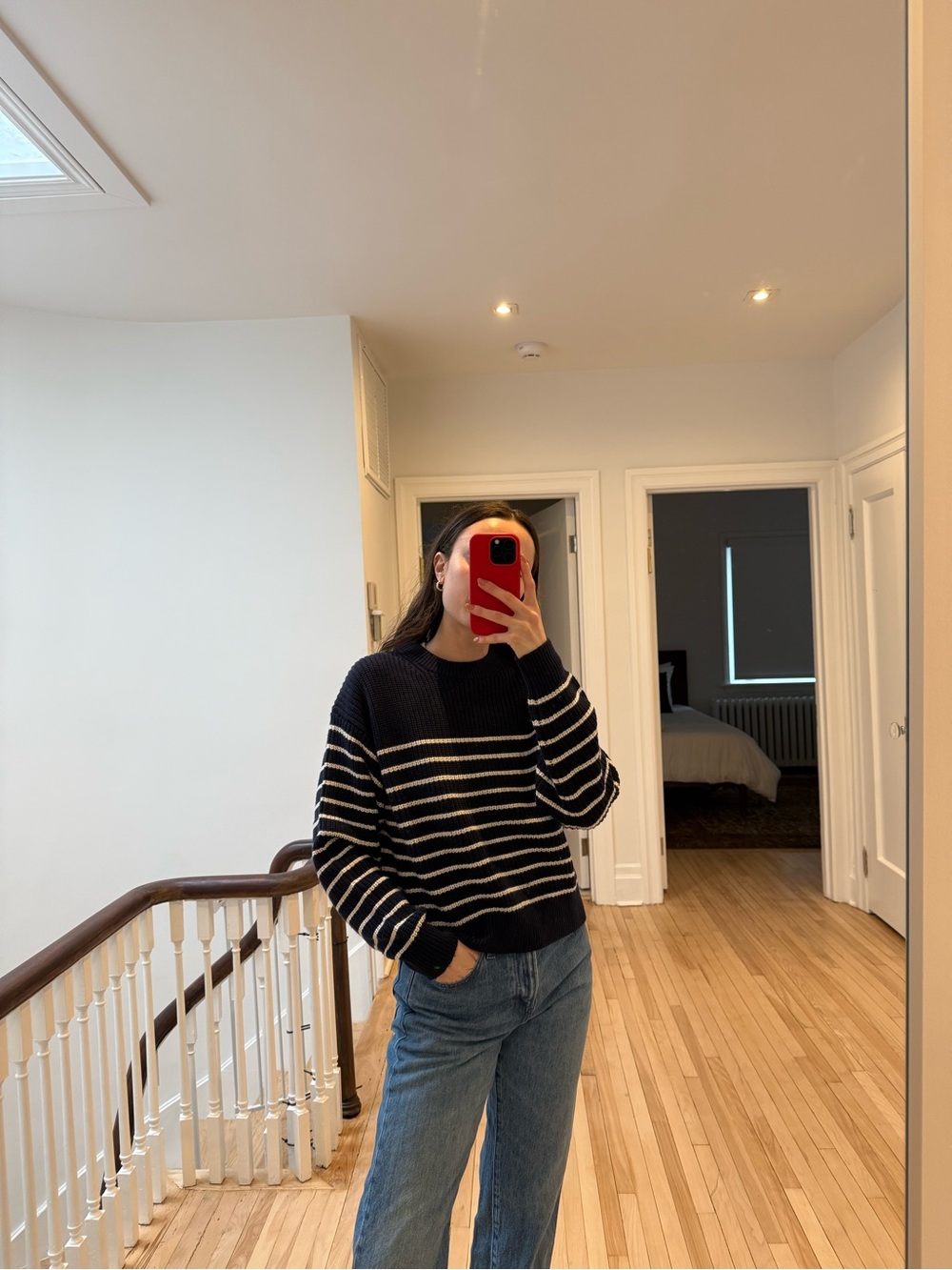 Aritzia 100% wool navy and White Striped Crewneck Sweater